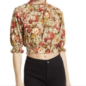 Stem and Vine Ruffled Sleeve Smocked Button Down Blouse